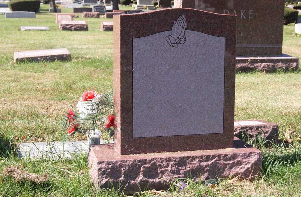 Red-Granite-One-Grave-Monument-with-polished-border-and-praying-hands-M1021 Red-Granite-One-Grave-Monument-with-polished-border-and-praying-hands-M1021